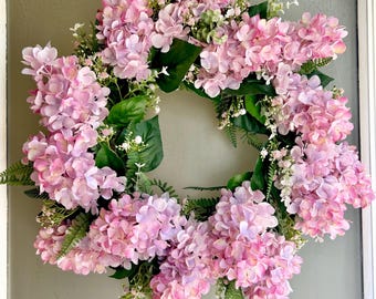 Pink Hydrangea Wreath, Spring Floral Door Decor, Handmade