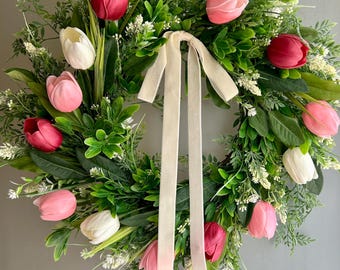 Tulip Spring Wreath | Pink, Cream, and Magenta | Velvet Bow