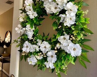 Summer Wreath | White Magnolia blooms | Everyday Wreath for Front Door