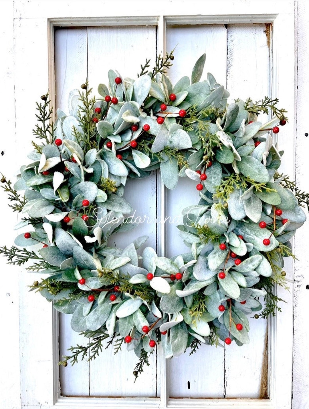 Winter Wreath | Red Berries Lambs Ear Wreath | Holiday Front Door ...