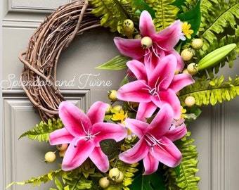 Tropical Wreath | Real touch | Pink Summer Wreath | Real Touch Floral, Tiger Lily, Fern & Monstera