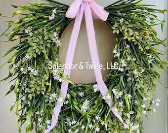 Greenery Wreath | Cascading Wreath for front door | Dainty florals, Lilac purple | Year round, Spring, Summer wreath