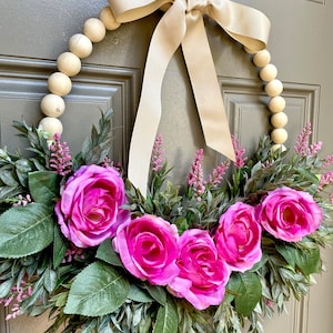 Pink roses wreath | Wood bead wreath | Summer wreath | Spring wreath | Mother’s Day gift idea | Boho style