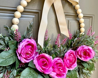 Pink Rose Wreath | Wood Bead Hoop, Mother's Day Decor