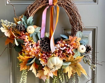 Fall Door Wreath: Burnt Orange, Cream Pumpkins & Velvet Ribbon