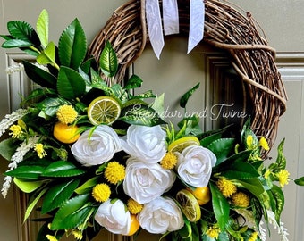 Lemon Wreath | Summer Wreath | Ranunculus flowers | Grapevine Front Door Decor