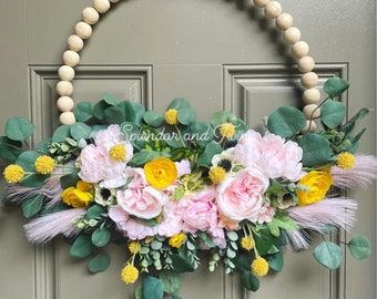 Spring wreath | Wood bead wreath | Summer wreath | Pink and yellow wreath | Eucalyptus wreath | Boho style