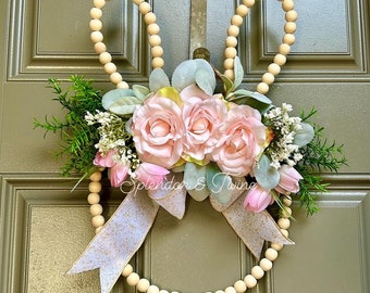 Easter wreath | Wood bead bunny wreath | Spring door hanger | Pink roses Spring wreath | Tulip wreath