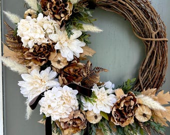Hydrangea Wreath – Cream & Brown florals, Neutral year round wreath | Pampas Grass