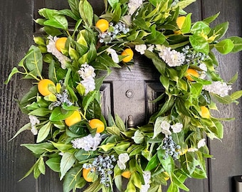Lemon and Blueberry Wreath for Front Door | Summer Greenery Wreath | Fruit Door Decor | Farmhouse Decor | Year Round Entryway Decor