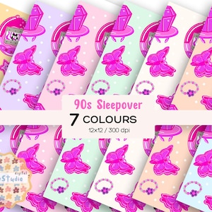90s Sleepover, digital, seamless pattern, PNG, 300dpi, 12x12, butterfly clip, virtual pet, Tamagotchi, Diskman, Walkman, paper, multi pack