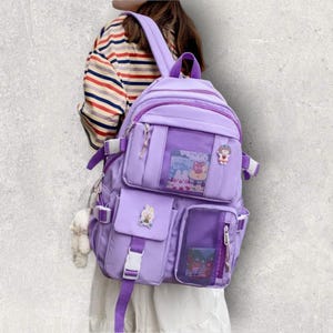 Lavender Kawaii Backpack - Cute Mesh Display Pockets - Functional Ita-Style School Bag