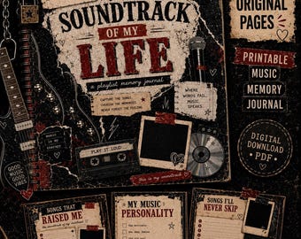 Ausdruckbares Musikjournal, 24-seitiges Playlist- und Erinnerungsbuch, Soundtrack meines Lebens, Geschenk für Musikliebhaber, digitales PDF