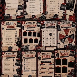 Może przedstawiać: Dziennik aktywności o tematyce koncertowej zawierający dziesięć r&oacute;żnych stron, w tym My Concert Challenge, Easy Challenges, During the Concert, Hard Mode, Memory Challenge, Concert Bingo, Random Challenge, Scavenger Hunt, Rate Your Concert oraz Hall of Fame.