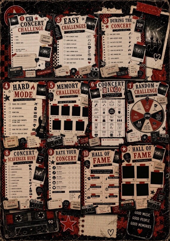 Concert Quest Journal | Printable Challenge Book, Y2K Grunge Scrapbook (A4 PDF Planner)