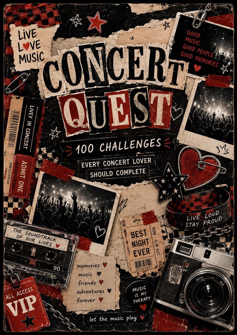 Może przedstawiać: Plakat zatytułowany Concert Quest 100 Challenges Every Concert Lover Should Complete. Projekt zawiera kolaż element&oacute;w związanych z koncertami, w tym kasetę magnetofonową, aparat fotograficzny, bilety oraz zdjęcia tłum&oacute;w w kolorach czerwonym, czarnym i białym.