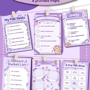May include: A set of six printable K-Pop Bucket List pages in shades of purple and white. The pages feature checklists, bingo cards, and achievement trackers decorated with cartoon bears, cats, stars, and musical notes. Text includes K-Pop Bucket List, My Fan Goals, Beginner Bucket List, Ultimate Fan Bucket List, Concert Bucket List, My Proudest K-Pop Achievements, and K-Pop Fan Bingo.