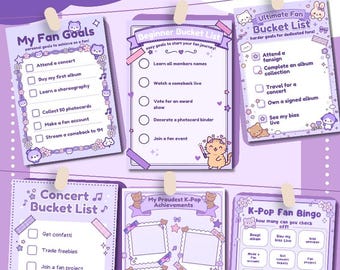 Może przedstawiać: Zestaw sześciu stron do druku K-Pop Bucket List w odcieniach fioletu i bieli. Strony zawierają listy kontrolne, karty bingo i trackery osiągnięć ozdobione rysunkowymi misiami, kotami, gwiazdkami i nutami. Tekst obejmuje K-Pop Bucket List, My Fan Goals, Beginner Bucket List, Ultimate Fan Bucket List, Concert Bucket List, My Proudest K-Pop Achievements oraz K-Pop Fan Bingo.
