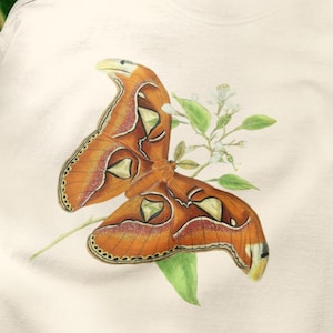 May include: Cream-colored t-shirt featuring a detailed illustration of a large, orange butterfly with intricate wing patterns. The butterfly is perched on a sprig with green leaves and small white flowers. The shirt is made of a soft material.