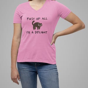 First of All I'm a Delight Ladies V-neck T-shirt - Cat Attitude Minimalist Shirt by Primal Frog