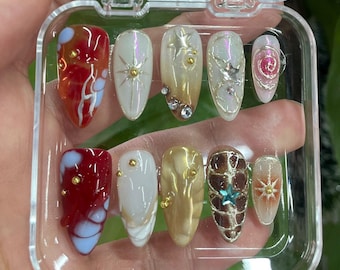 Hand Painted Flower Press On Nails, Soft Gel Reusable Nail Art