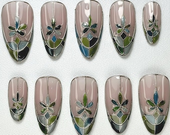 Green Floral Stained Glass Almond Press On Nails, Gold Outline Flower Art