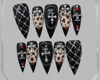 Gothic Stiletto Press On Nails, Cross Charms, Quilted Texture, Red Gem