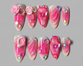 3D Floral Press On Nails, Pink Rose Wedding Nails Art, Handmade Bridal Nail Set