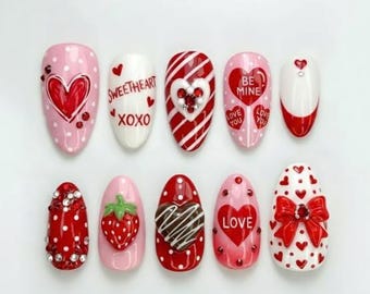 Handmade Valentine with Bow Charm Press On Nails, Red & Pink Sweet XOXO Design, 3D Love Heart, Strawberries and Rhinestones, Holiday Nails