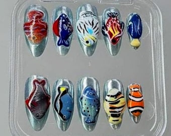 3D Ocean Fish Press On Nails, Hand Painted Acrylic Underwater Nail Art