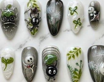 Handmade Forest Spirit Press On Nails, Fantasy Woodland Nail Art, Kawaii Almond Fake Nails