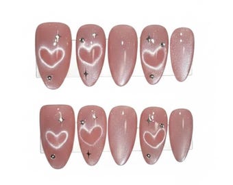 Hand Drawn Cat Eye Glitter Press On Nails, Galaxy Pink Love Design Rhinestones and Stars, Shimmer Fairy Almond Fake Nails For Valentine Day