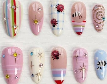 Pink Striped Press On Nails, 3D Kawaii Ladybug & Colorful Star in Medium Almond Nail Art, Handmade Chrome Swirl Fake Nails for Party Summer