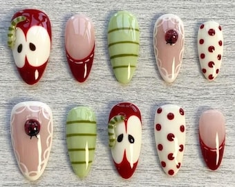 Handpainted Apple Fruit Press on Nails, 3D Ladybug & Caterpillar in Medium Almond Fake Nails, Handmade Custom Polka Dot Nail Art for Party