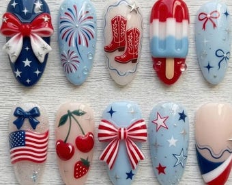 Handmade 4th of July Press On Nails, USA Flag & Cherry Popsicle Bow in Medium Almond Nail Art, Custom Summer Fake Nails for Independence Day