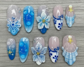 Blue Lagoon Press On Nails, White French Tip with Shell & Floral Art, Oceanic 3D Fake Nails in Medium Almond, Summer Set for Vacation, Beach