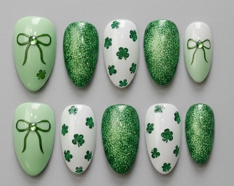 St Patrick’s Day Press On Nails, Emerald Green Glitter Clover Short Almond, Lucky Irish Holiday Nail Art, Handmade Faux Gel for Holiday
