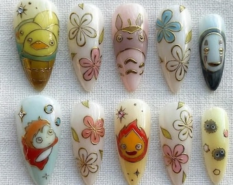 Handmade Totoro Inspired Press On Nails, Pastel Japanese Style Nail Art