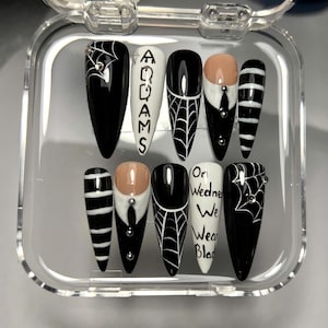 Black and White Gothic Spider Web Nails, Black and White Gothic Spider Web Halloween Nail, Spooky Gothic Wednesday Addams Nail, Gift Holiday