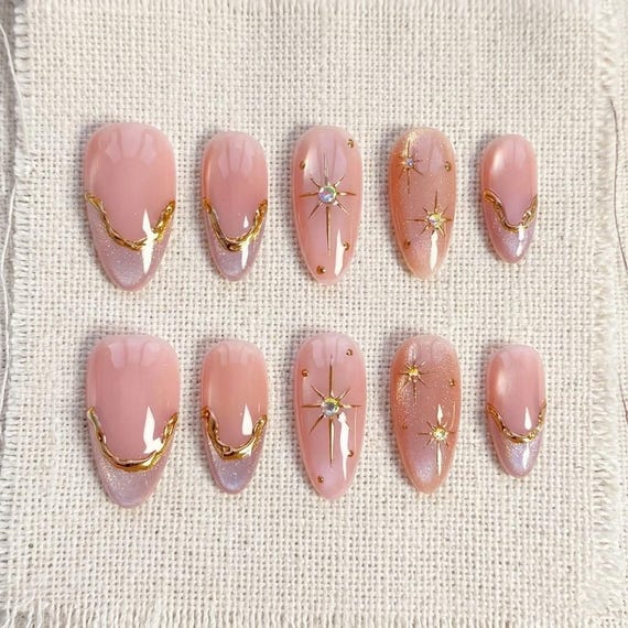 Pink Cat Eye Elegant Press On Nails, Star Bling & 3D Gold Chrome Nail Art