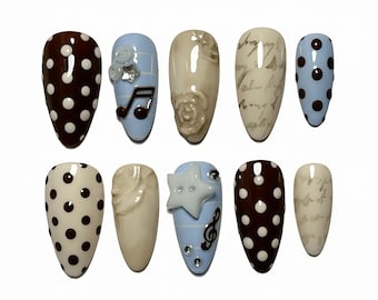 Handmade Vintage Music Press On Nails, Almond Nail with Art Polka Dots, Notes, Script & Star Accents, Artistic Set for Musicophile, Holiday