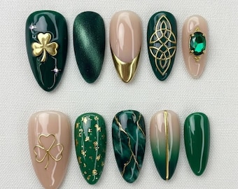 St Patrick’s Day Press On Nails, Emerald Green & Gold Shamrock Nail Set, Luxury Lucky Irish Festival Nail Art, Handmade Elegant for Holiday