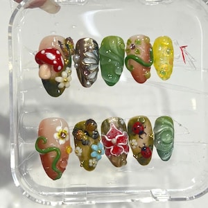 Fairy Forest 3D Press On Nails, Mushroom and Butterfly Garden Nails, Nature Inspired Nails with Bugs and Flowers, Cute Nails Theme Ladybugs.