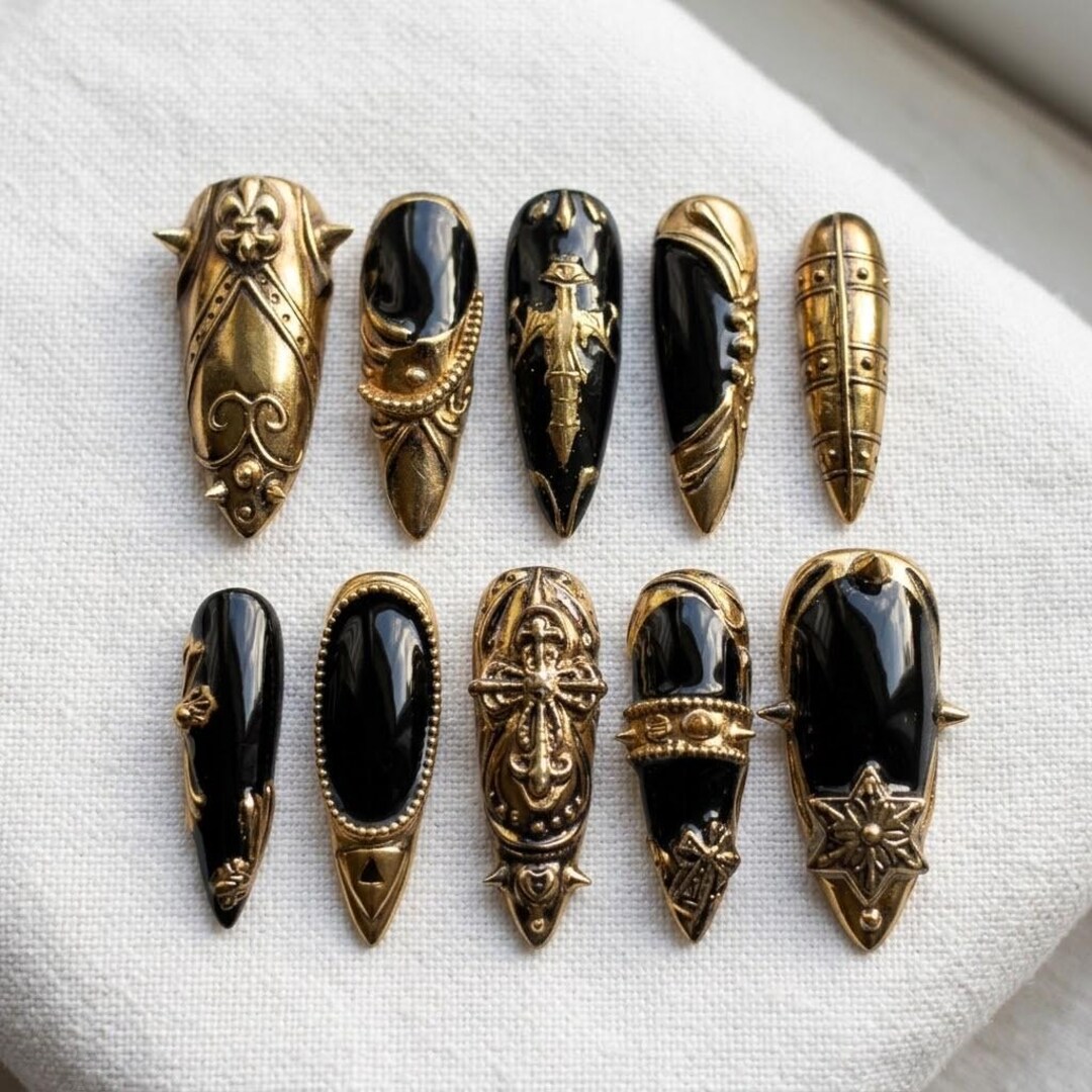 Black Gold Armorcore Press on Nails, 3D Chrome Cross Knight Shield ...