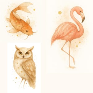 Stampe d'Arte in Acquerello – Gufo, Carpa Koi e Fenicottero | Illustrazioni Dorate | Poster da Parete Elegante | Arte Naturale Minimalista