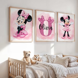Minnie Mouse Wall Art Set, Personalised Pink Polka Dot Nursery Prints with Name, Girl Bedroom Decor, Toddler Bedroom Prints, Baby Girl Print