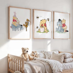 Winnie the Pooh Nursery Wall Art Set - Vintage Pooh & Friends Prints, Classic Storybook Room Decor, Neutral Nursery Wall Prints Set of 3