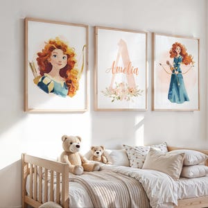 Princess Merida Wall Art Set, Brave Nursery Prints, Disney Princess Bedroom Decor, Personalised Name Prints of 3, Girls Bedroom Wall Art
