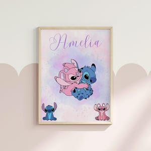 Personalized Stitch Angel Wall Art | Custom Name Lilo Stitch Wall Print | Stitch Angel Wall Print | Disney Customized Lilo Stitch Room Decor