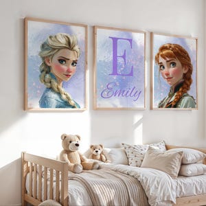 Frozen Princess Wall Art Set, Elsa Anna & Personalised Name Print, Girls Bedroom Decor, Disney Inspired Nursery Prints, Digital Download
